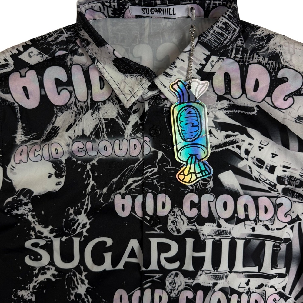 Sugarhill Acid Clouds Button‎ Up Shirt Mens Small Black White Graphic Streetwear
